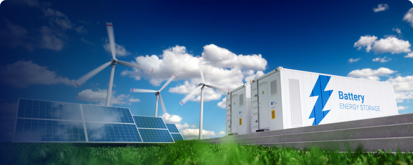 Battery energy storage next to solar panels and wind turbines
